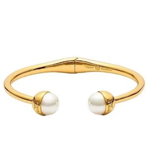 Tory Burch NWT Authentic luxury minimalist RARE logo bead/pearl hinged bracelet